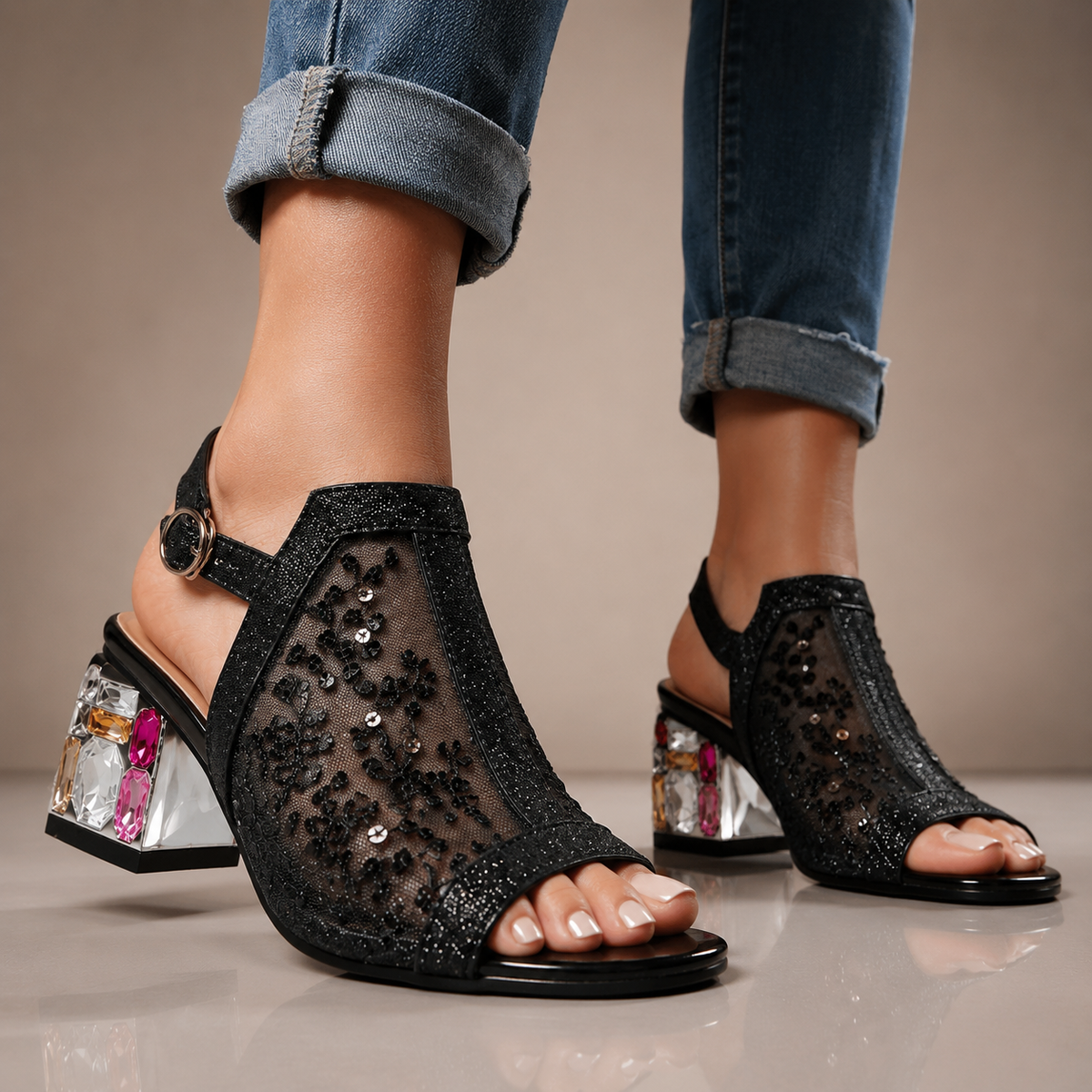 Celina | Lace Heels with Crystals