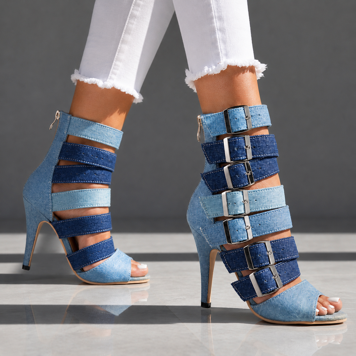 Marlena | Denim Multi-Buckle Heels