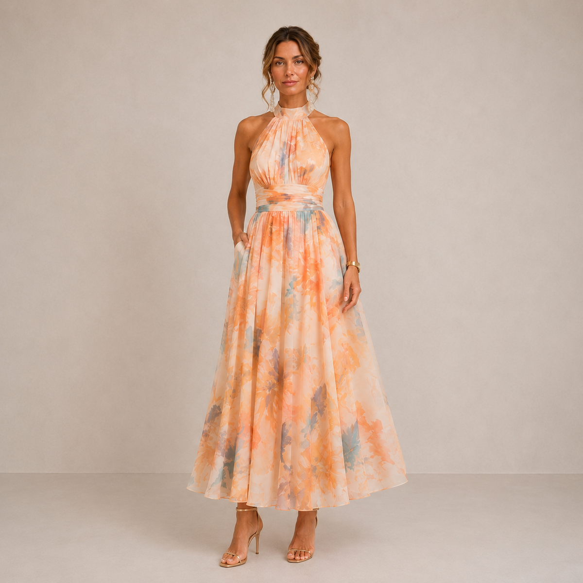Agnes | Watercolor Halter Midi Dress