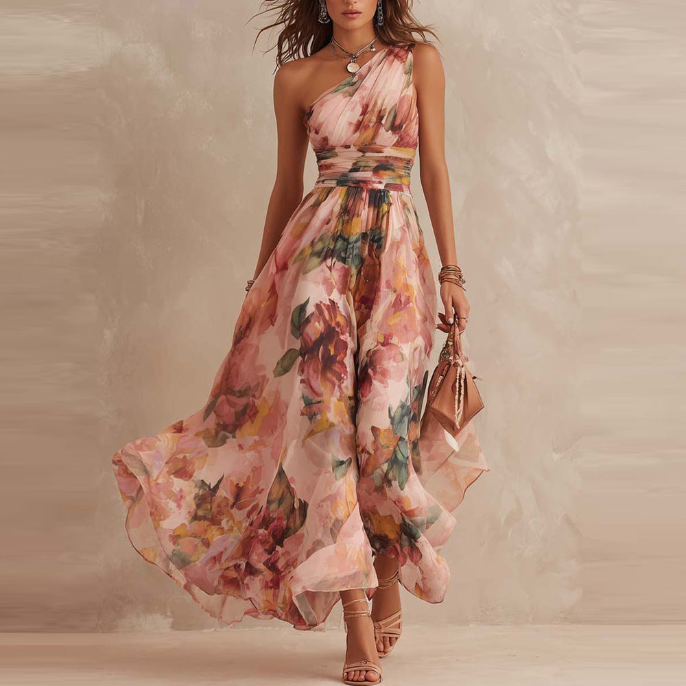 Elvira | Warm Floral One-Shoulder Chiffon Dress