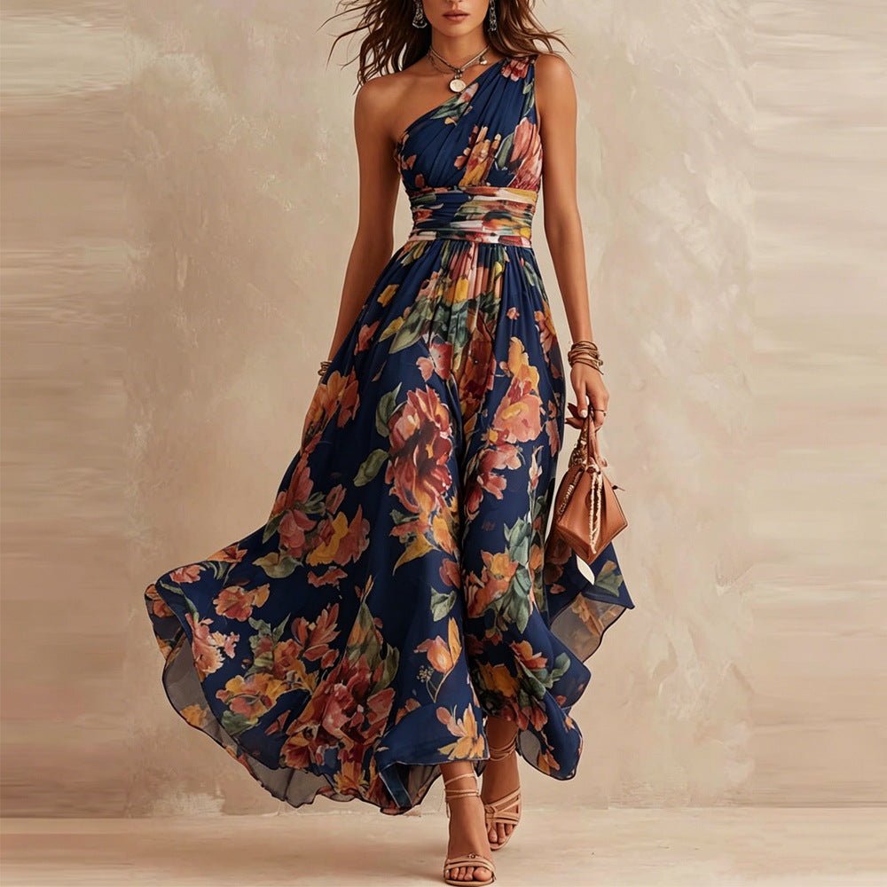 Elvira | Warm Floral One-Shoulder Chiffon Dress