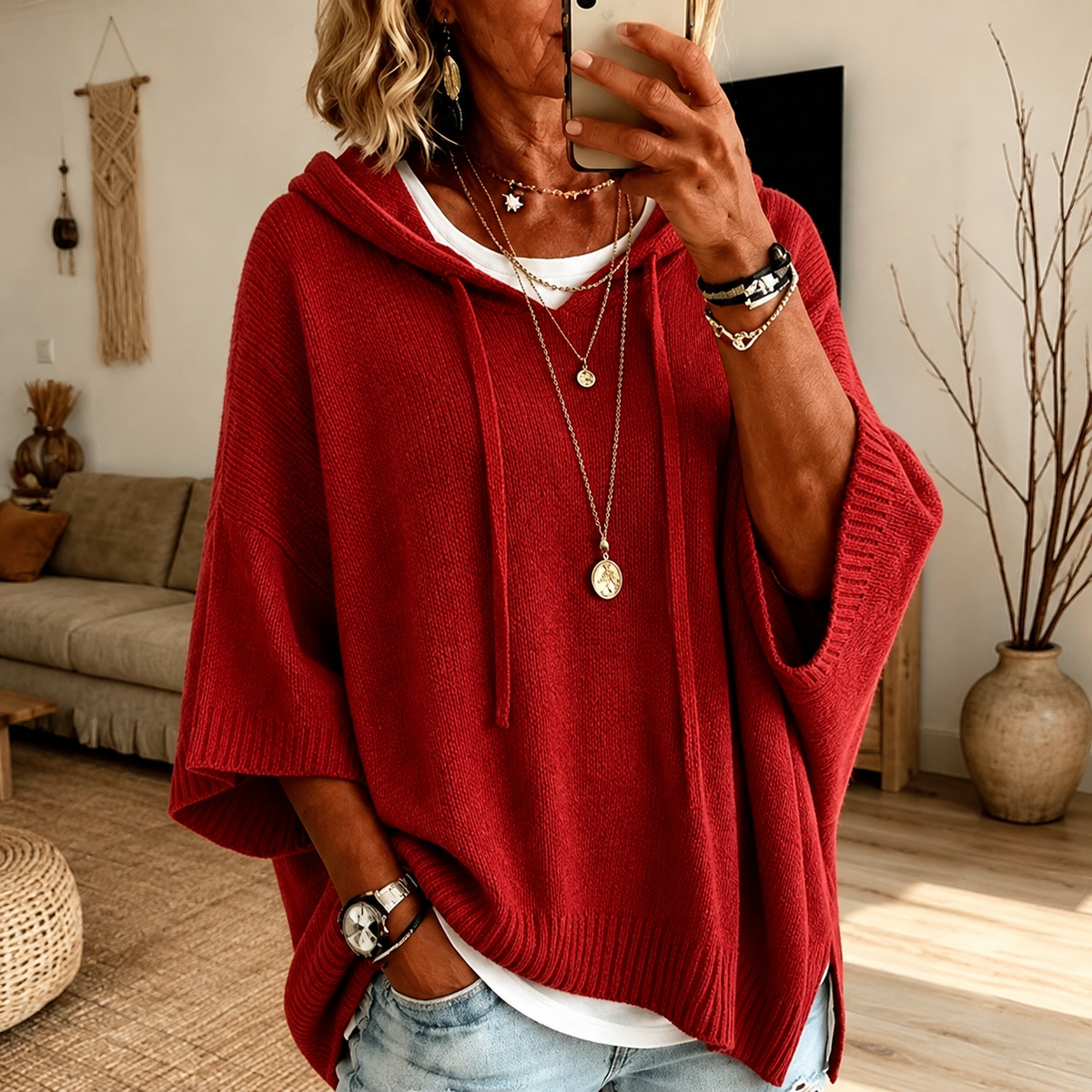 Karolina – Czerwony Sweter Ponczo z Kapturem