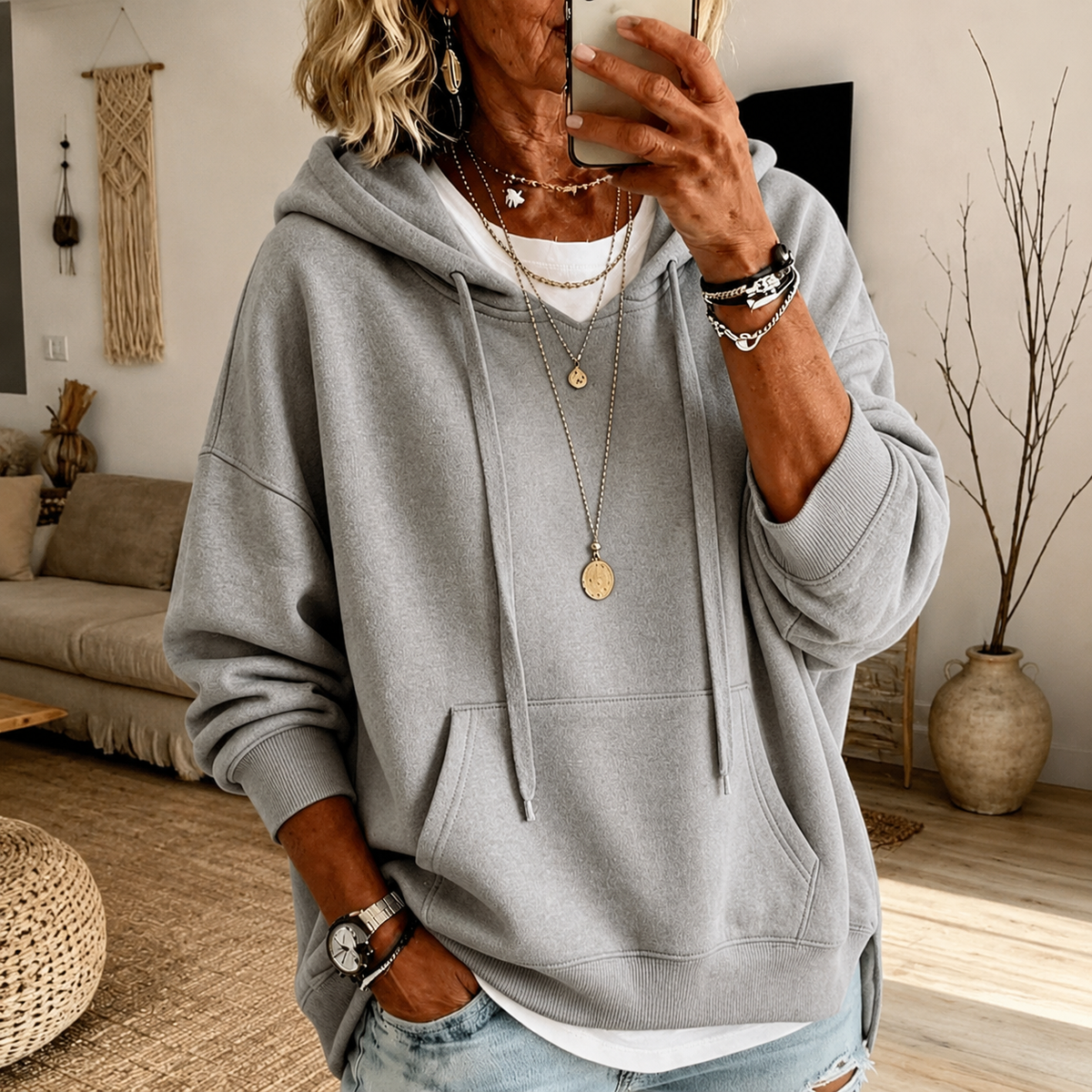 Eliza – Jasnoszary Sweter Oversize z Kapturem