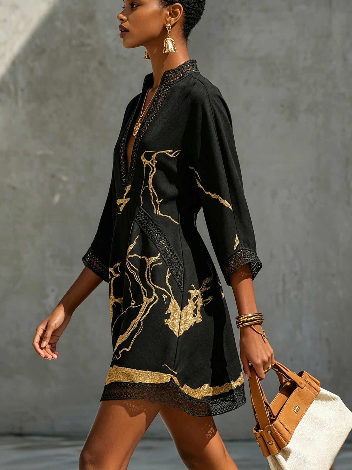 Milena | Mini Dress with Gold Print and V-Neck