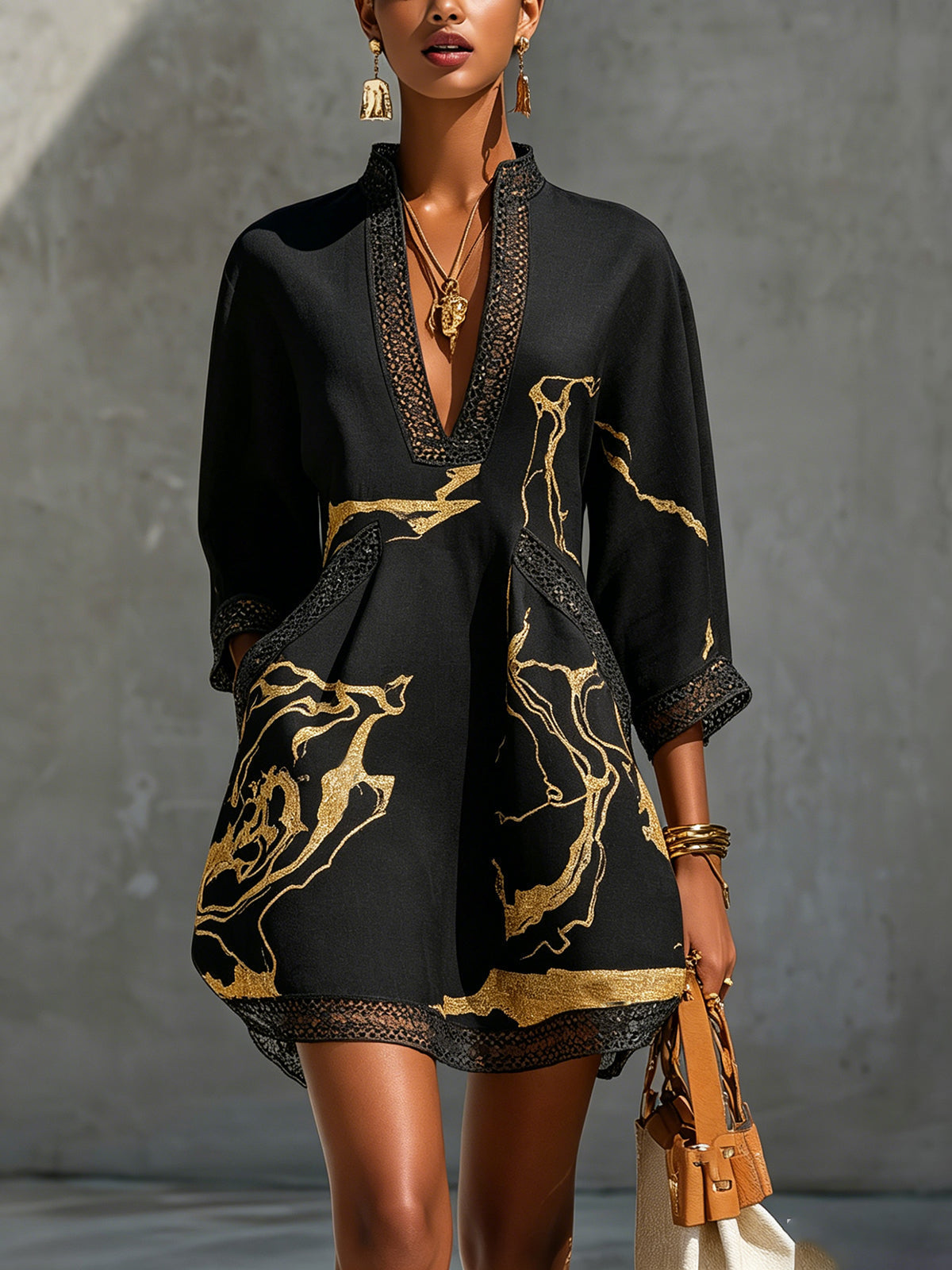 Milena | Mini Dress with Gold Print and V-Neck