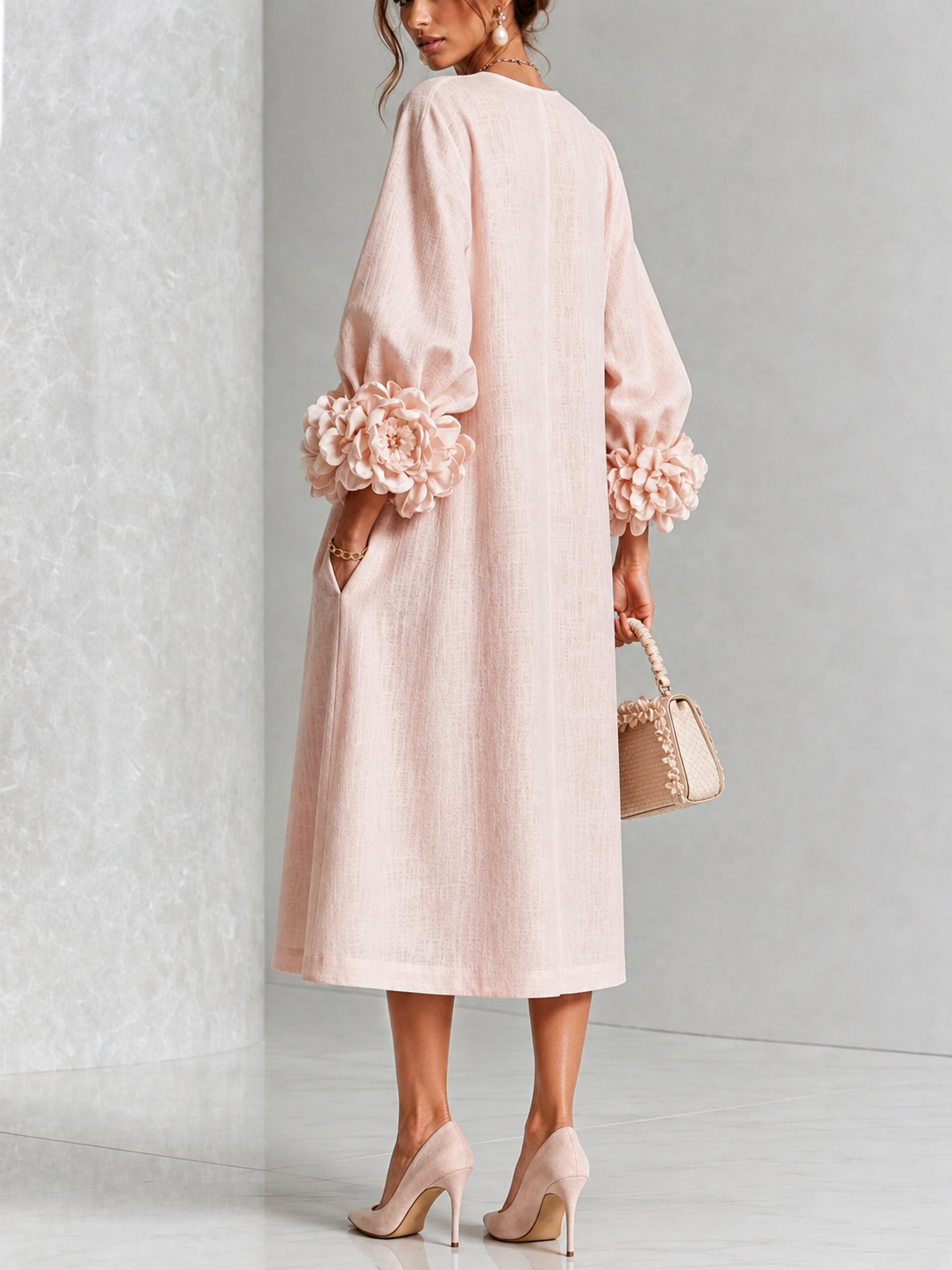 Molly Rosette-Cuff Button Midi Dress
