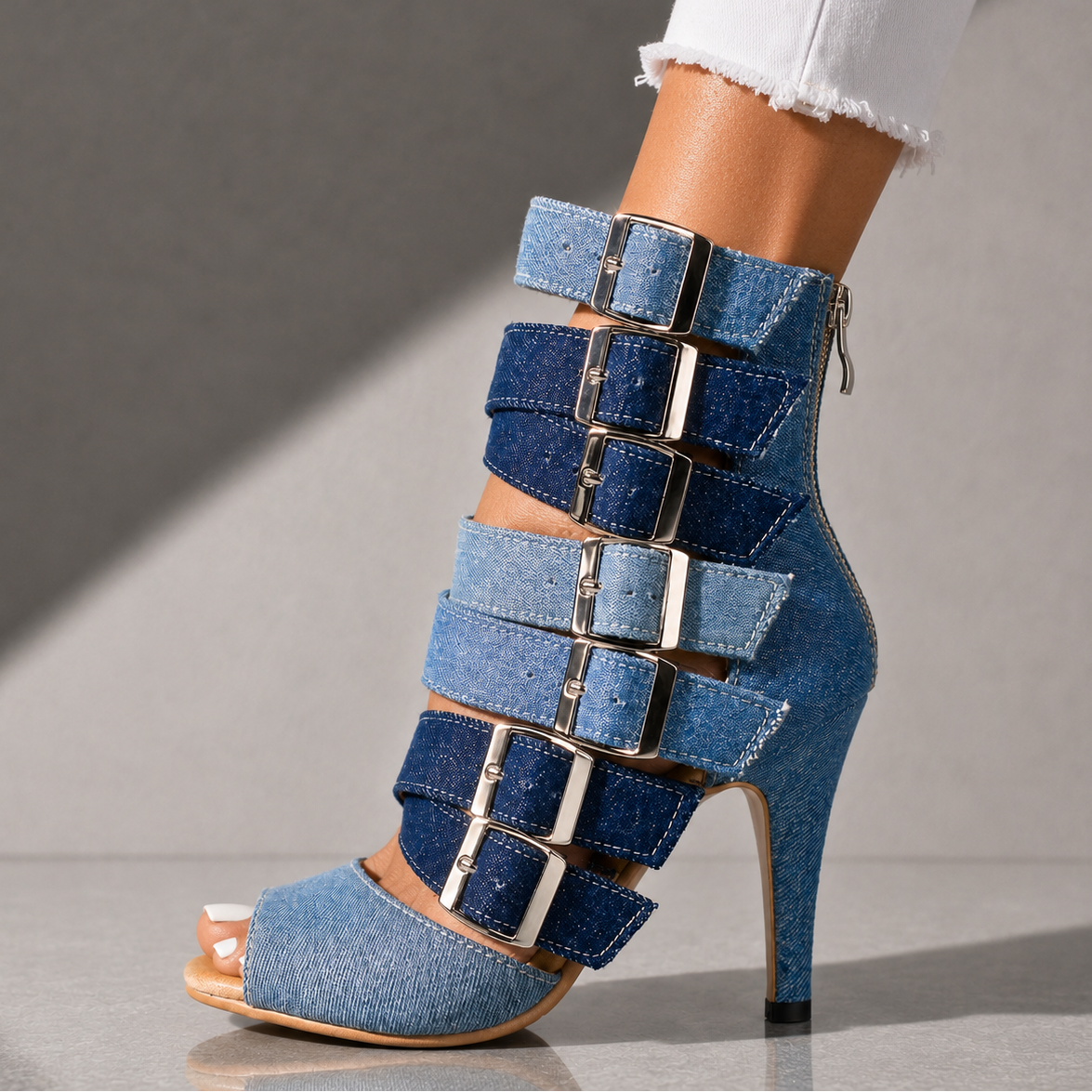 Marlena | Denim Multi-Buckle Heels
