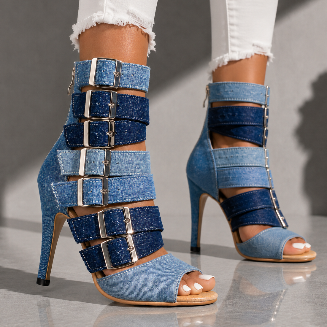 Marlena | Denim Multi-Buckle Heels