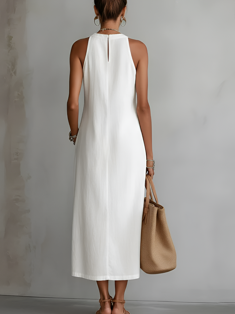 Teresa | Linen-Blend Midi Dress with Mandarin Collar