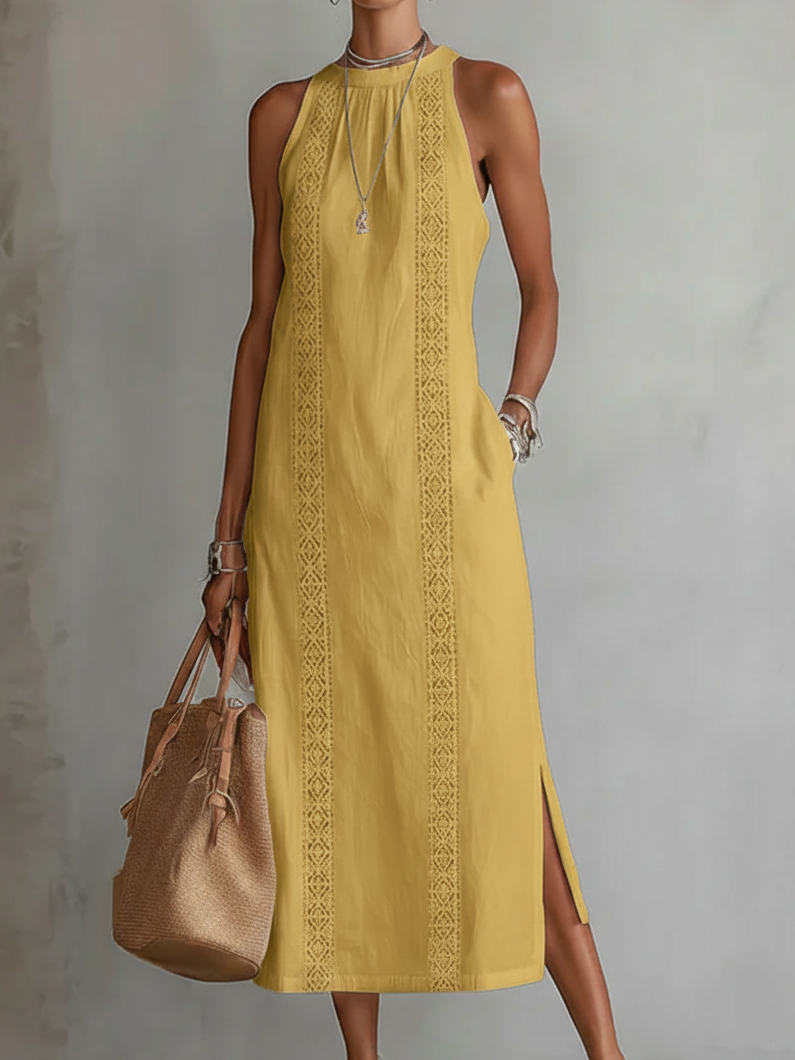 Teresa | Linen-Blend Midi Dress with Mandarin Collar