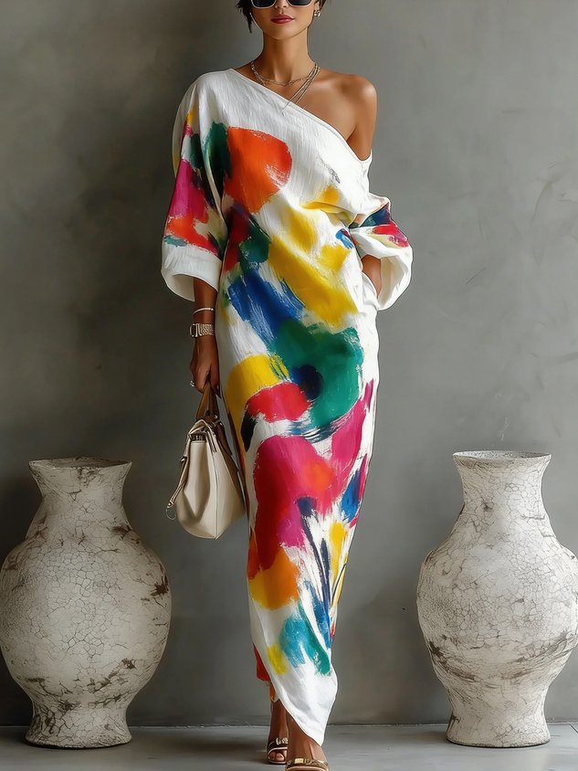 Lucille | Abstract Print One-Shoulder Maxi Dress