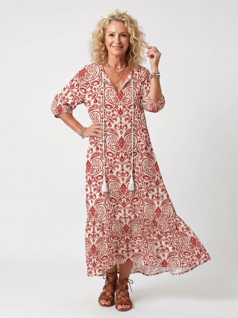 Yolanda | Ornamental Print Dress with Long Tassels