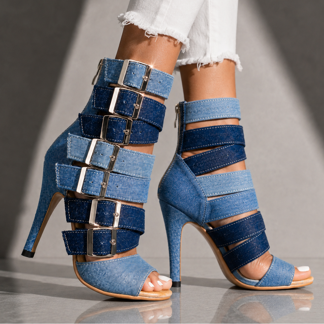 Marlena | Denim Multi-Buckle Heels
