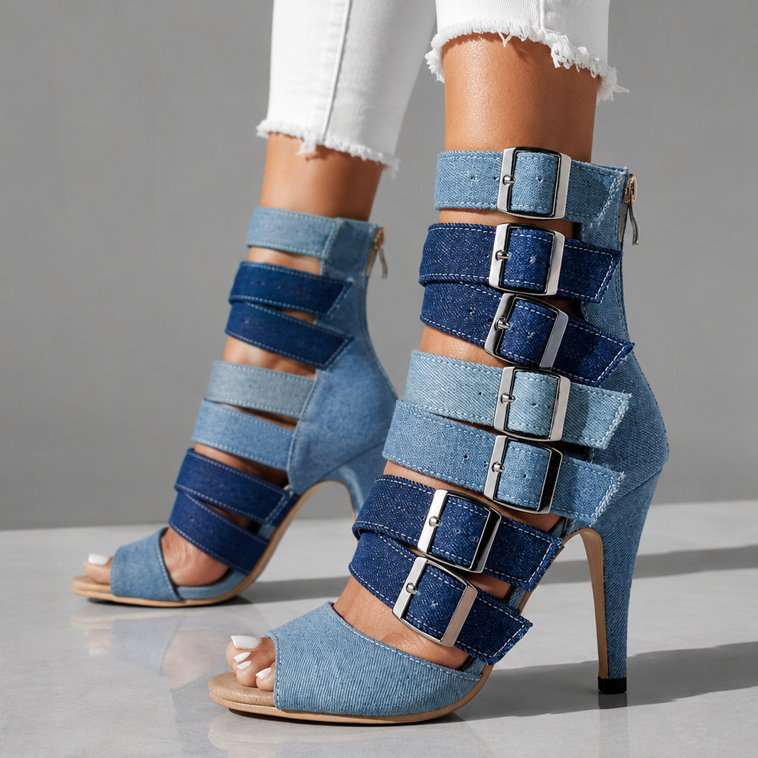 Marlena | Denim Multi-Buckle Heels