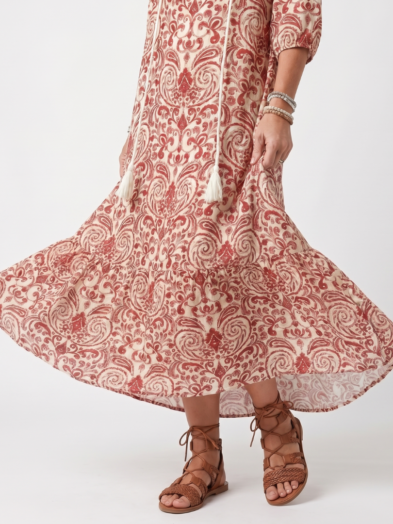 Yolanda | Ornamental Print Dress with Long Tassels