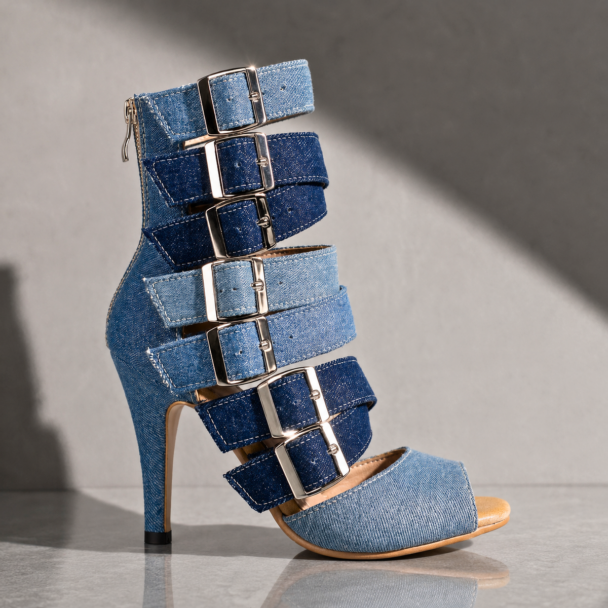 Marlena | Denim Multi-Buckle Heels