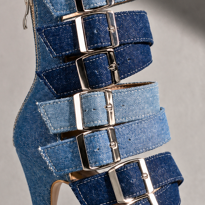 Marlena | Denim Multi-Buckle Heels