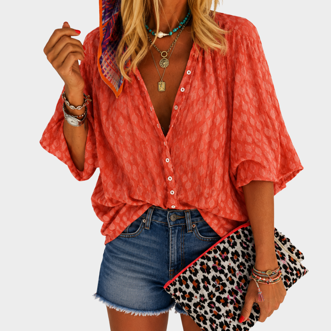 Coral Print Button Blouse