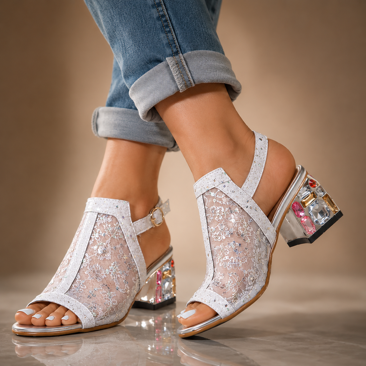 Celina | Lace Heels with Crystals