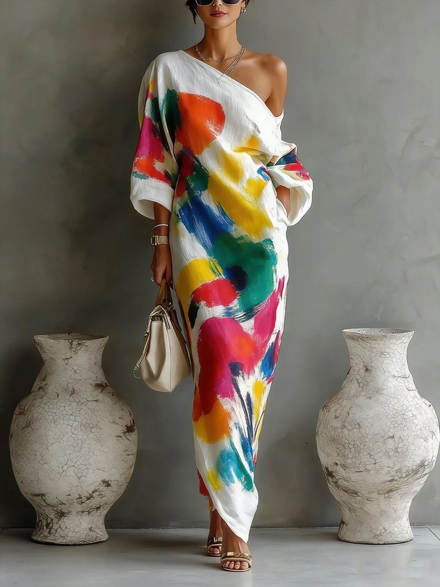Lucille | Abstract Print One-Shoulder Maxi Dress