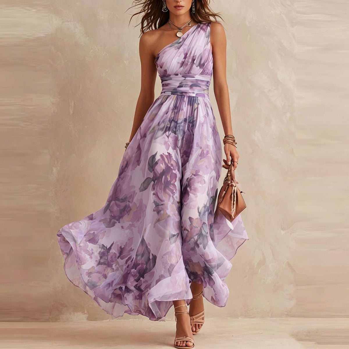 Elvira | Warm Floral One-Shoulder Chiffon Dress