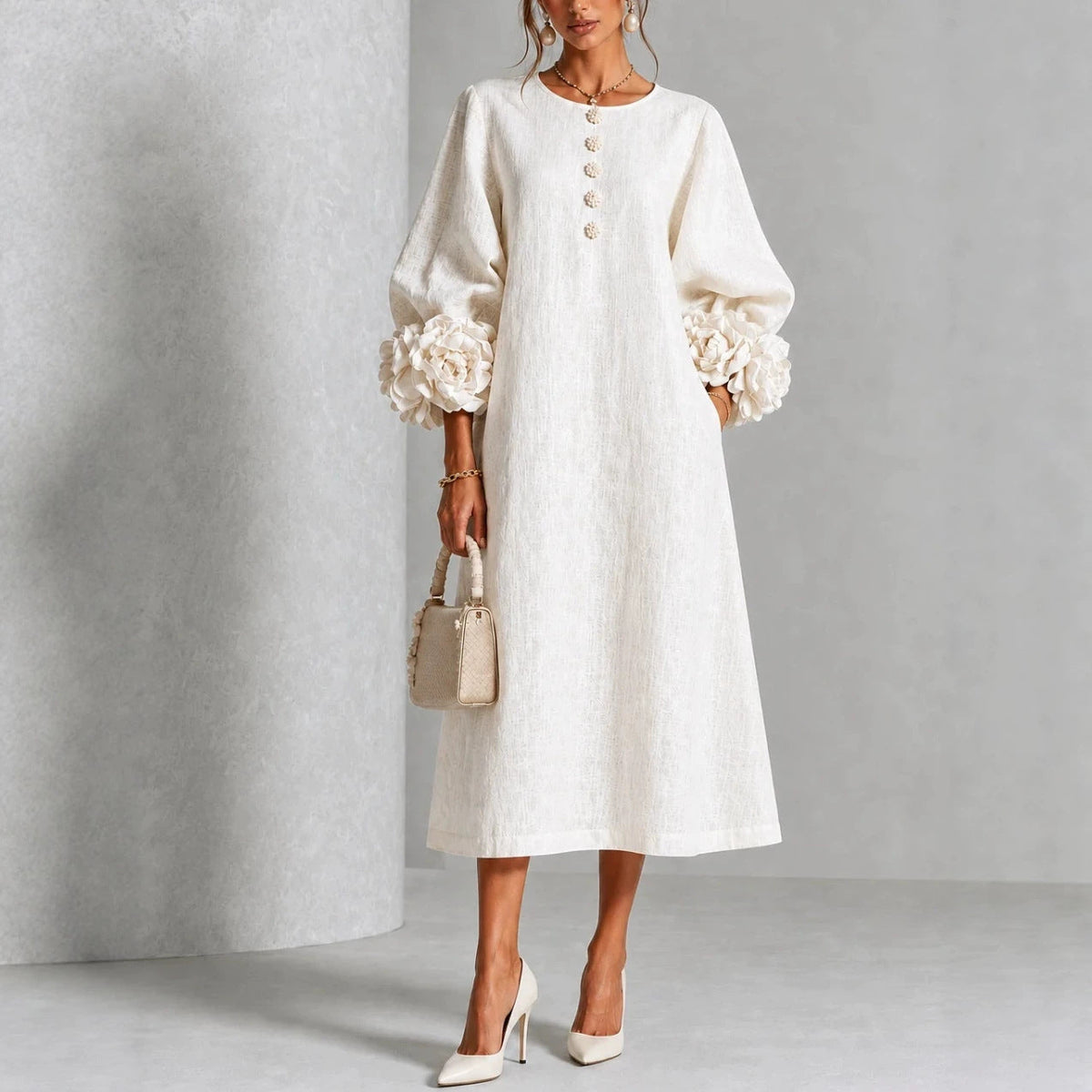 Molly Rosette-Cuff Button Midi Dress