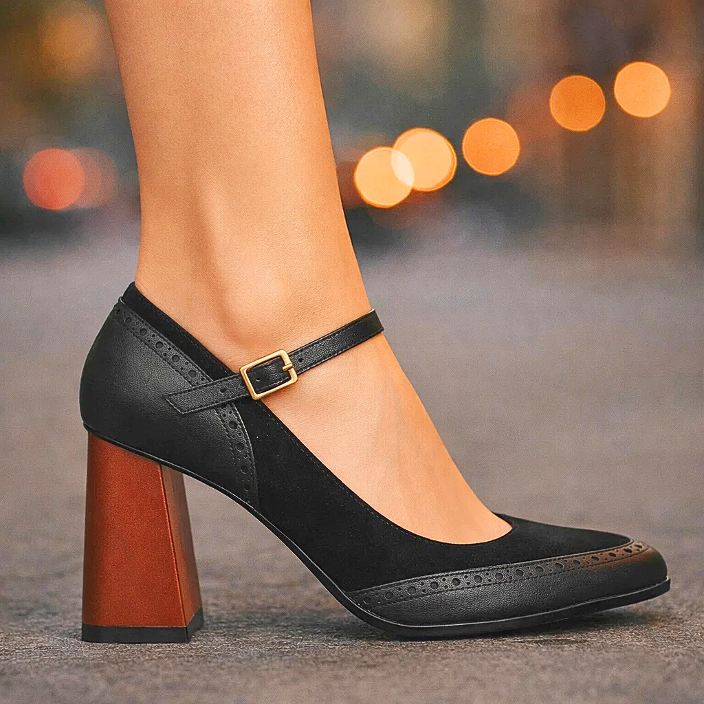 Vivienne | Suede-Accent Brogue Heels