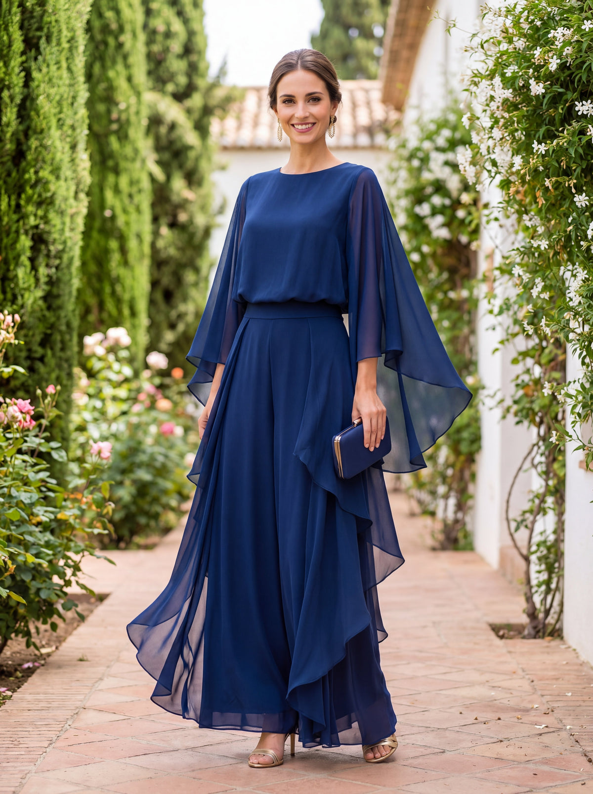 Lily Cape-Sleeve Chiffon Two-Piece Set