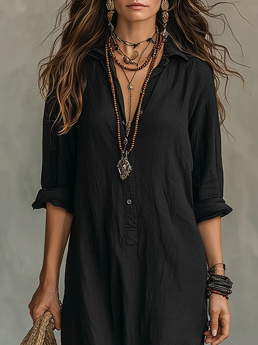 Isolde | Easy Black Button-Front Maxi Dress