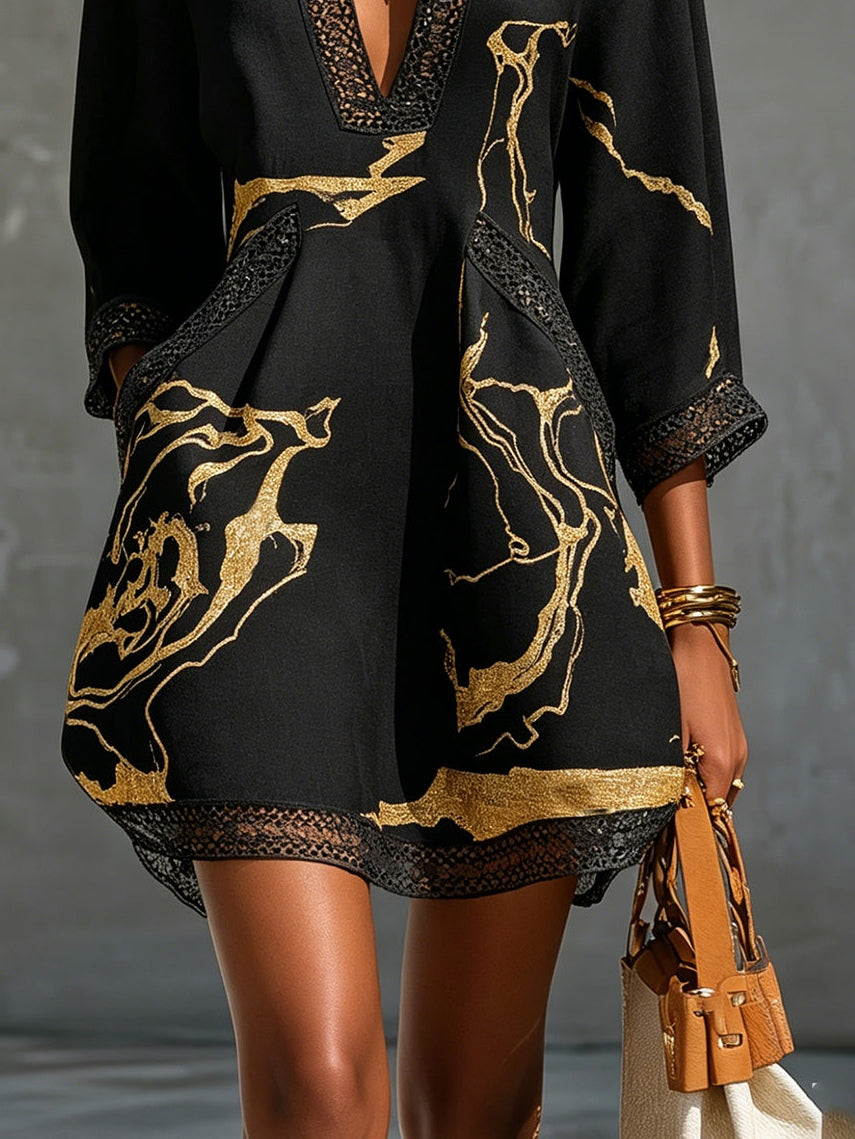 Milena | Mini Dress with Gold Print and V-Neck