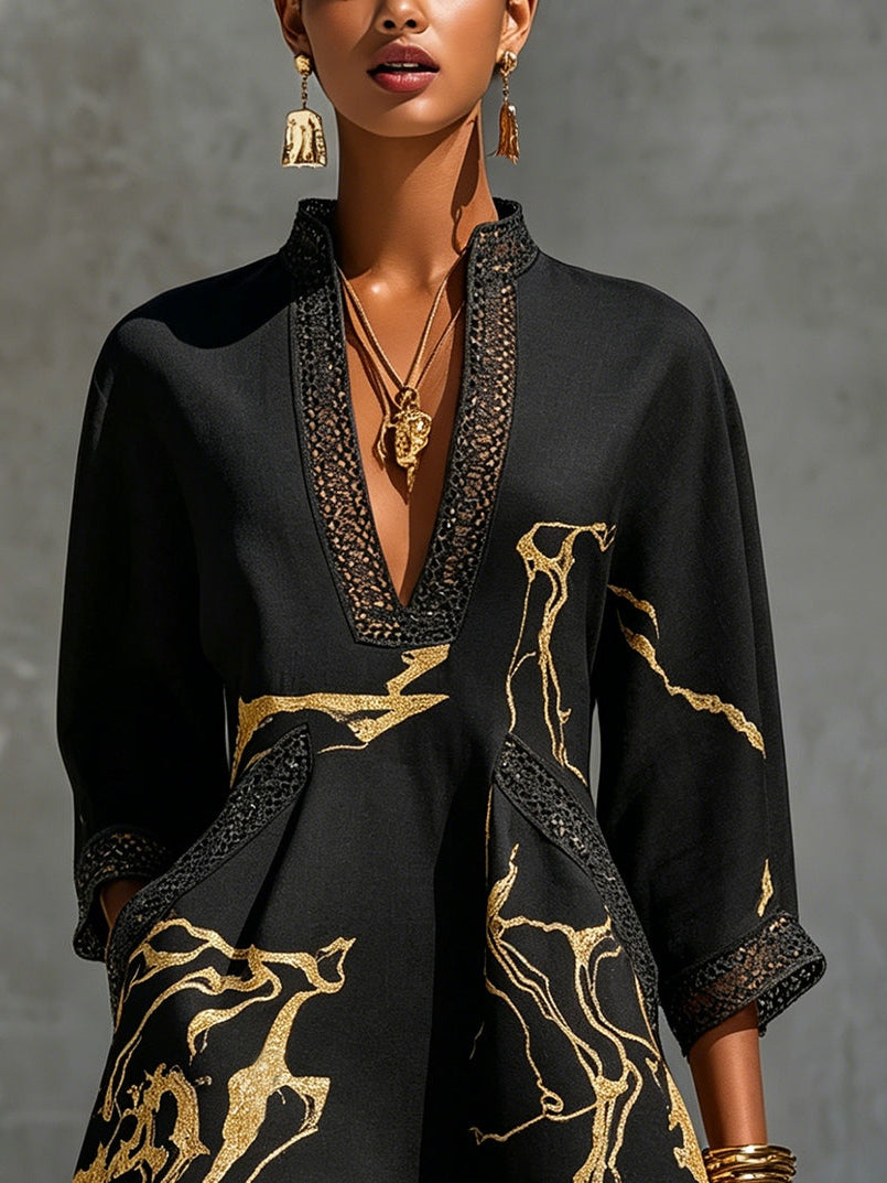 Milena | Mini Dress with Gold Print and V-Neck