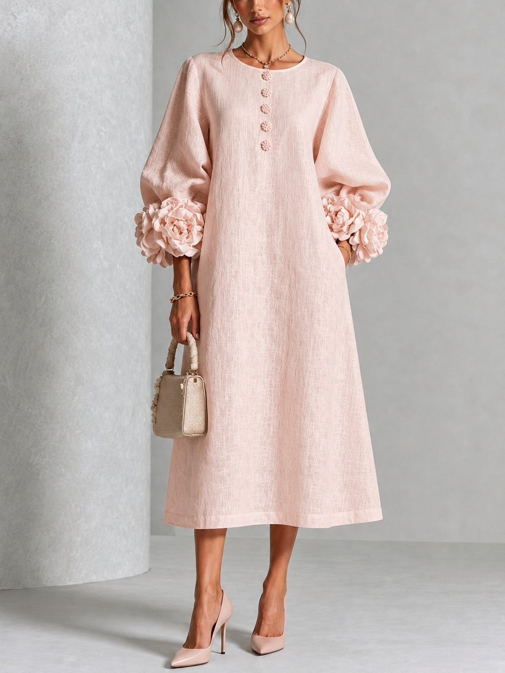 Molly Rosette-Cuff Button Midi Dress