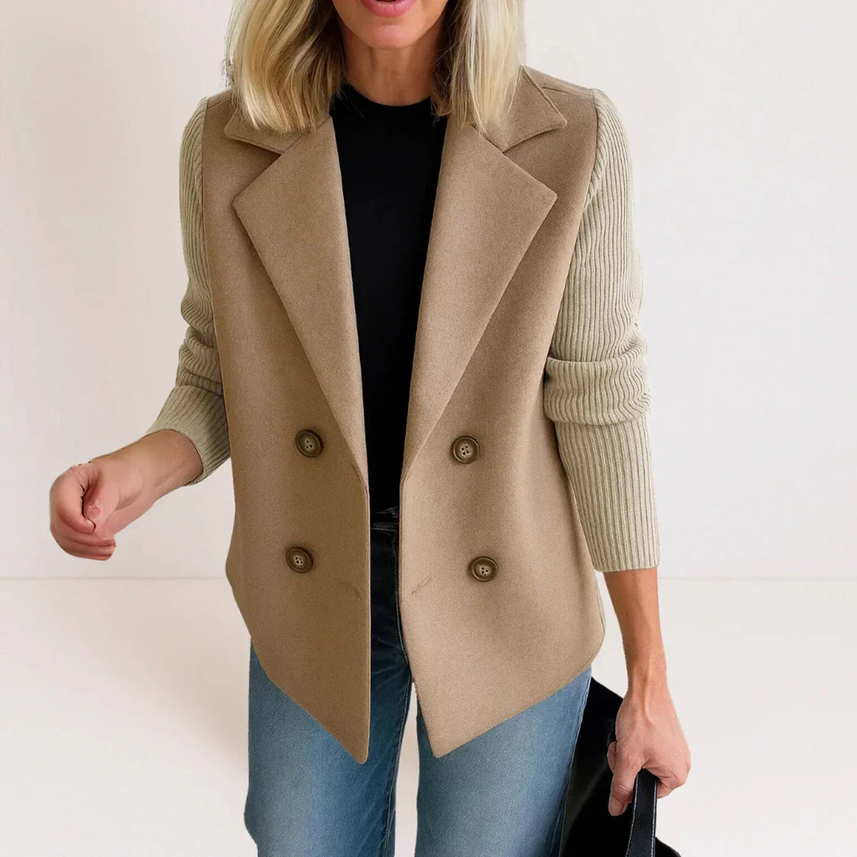 Annie | Elegant Double-Breasted Blazer with Knit Sleeves