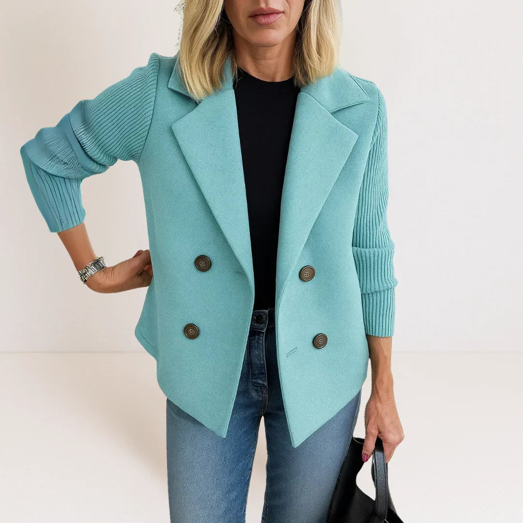 Annie | Elegant Double-Breasted Blazer with Knit Sleeves