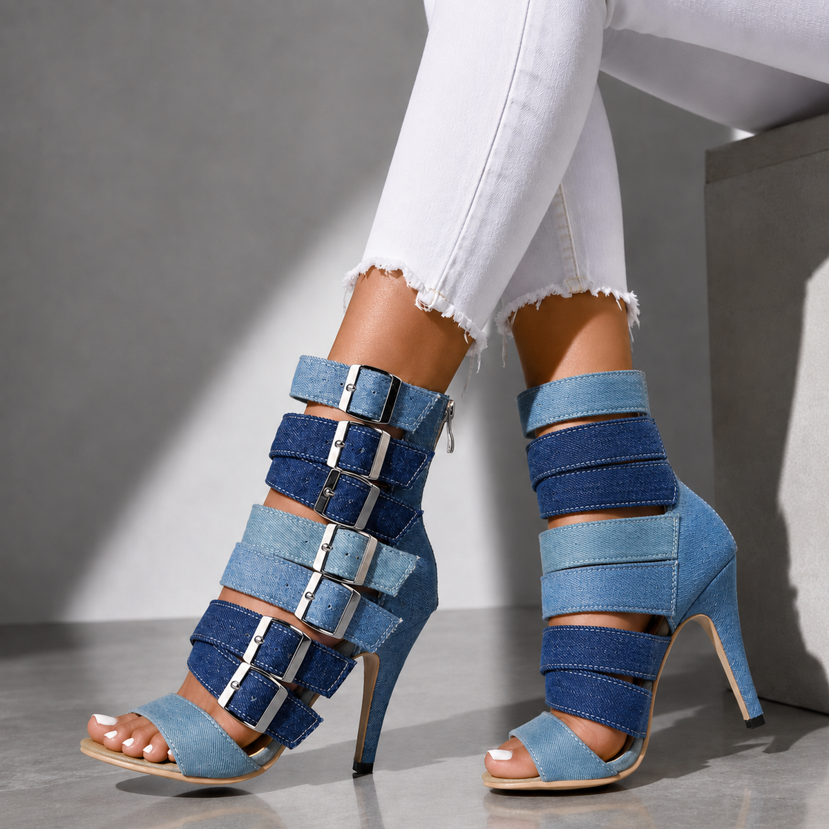 Marlena | Denim Multi-Buckle Heels