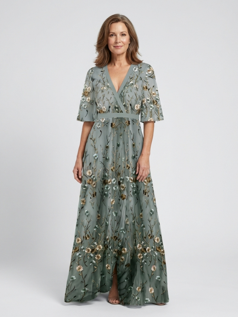 Christine | Green Floral Evening Dress